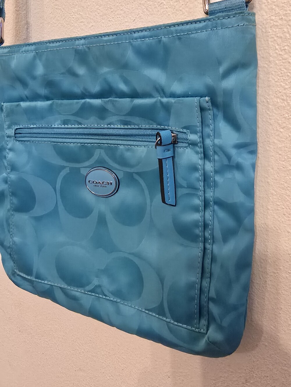 Coach Signature C Getaway File Crossbody Slim Bag Purse Teal Blue Nylon #F77408 - Picture 3 of 16